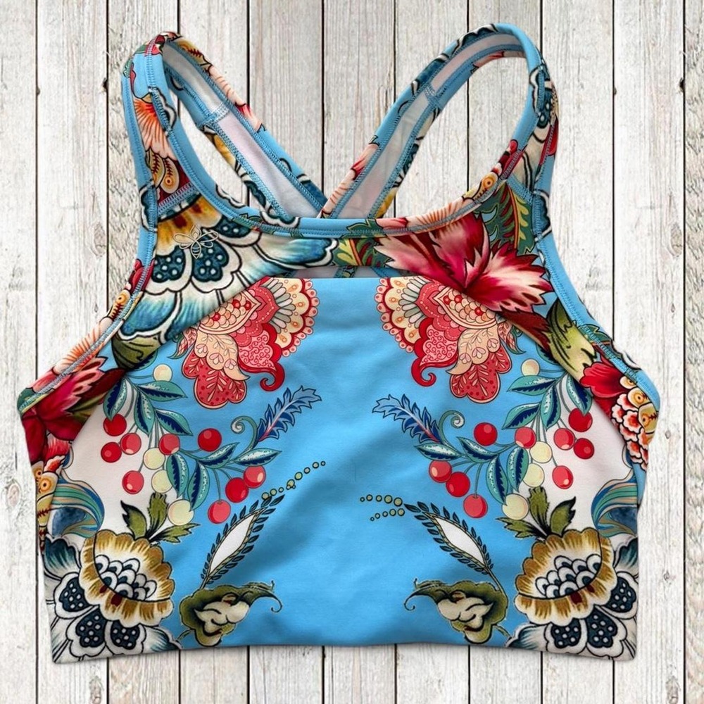 Johnny Was Active Womens XS Blue Floral Racerback Sports Bra Crop Top Bee